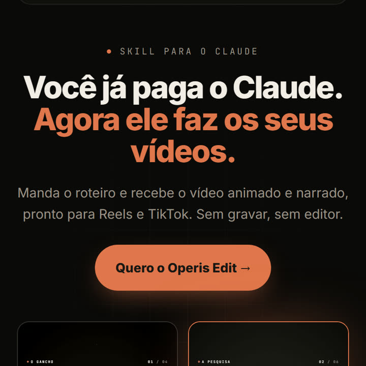 Página do Operis Edit: agora o seu Claude faz os seus vídeos