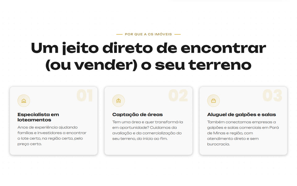 Seção com os três diferenciais da imobiliária