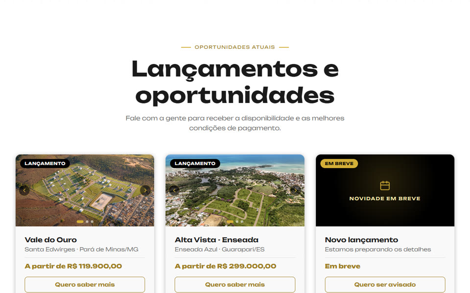 Seção de lançamentos, com fotos aéreas e preços