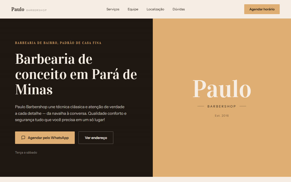Topo do site da Paulo Barbershop, com o nome da barbearia e o botão de agendamento