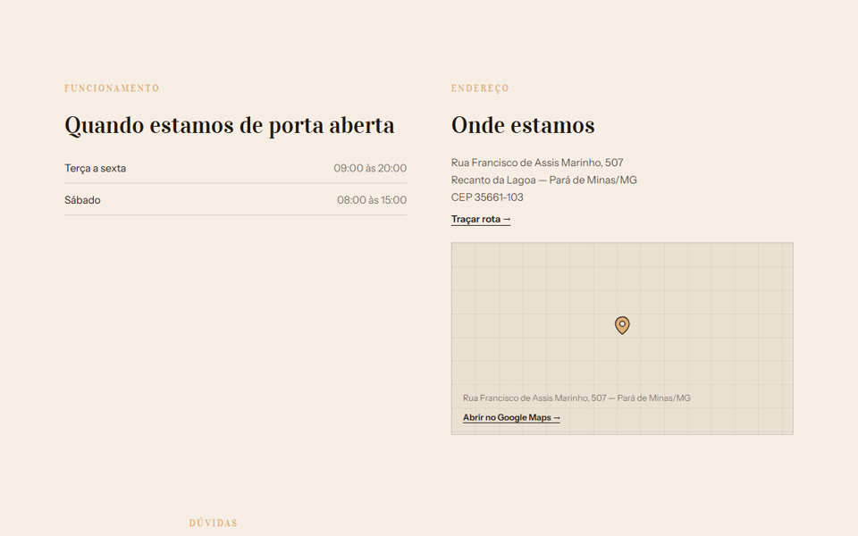 Seção com os horários de funcionamento e o endereço